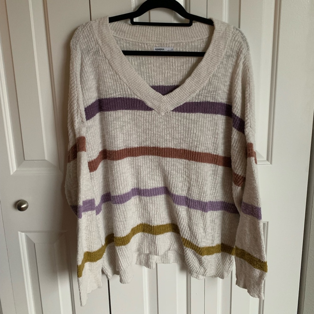 Sonoma Plus Size Women's Cream V-Neck Sweater with Multicolor Stripes